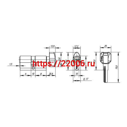 Цилиндровый Punto (Пунто) механизм MaxPro7002Knob60mm(25+10+25) SN никель 7key с вертушкой фото 4