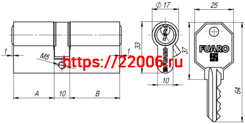 Цилиндровый Fuaro (Фуаро) механизм 100 CA 90 mm (40+10+40) CP хром 3 кл. фото 3